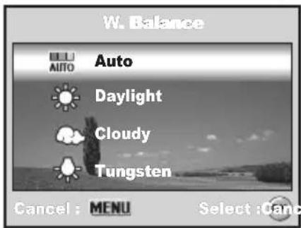 W. Balance AUTO Auto Daylight Cloudy Tungsten Cancel : MENU Select : Canc