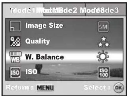 Mode1 Mode2 Mode8de3 Image Size 5M Quality ★★ WB W. Balance ISO ISO 100 Return: MENU Select: OK