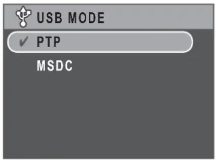 USB MODE ✓ PTP MSDC