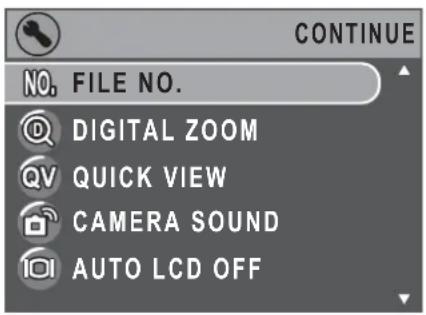 NO. FILE NO. DIGITAL ZOOM QUICK VIEW CAMERA SOUND AUTO LCD OFF