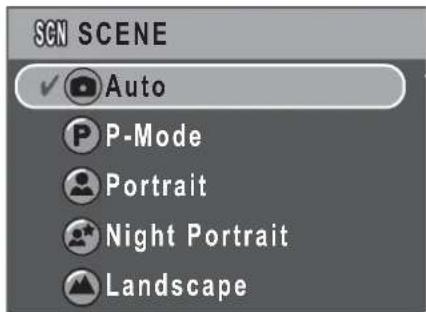 SCN SCENE ✓ Auto P-Mode Portrait Night Portrait Landscape