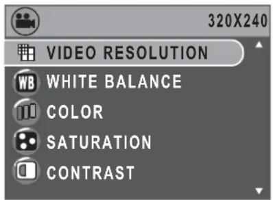 320X240 VIDEO RESOLUTION WHITE BALANCE COLOR SATURATION CONTRAST
