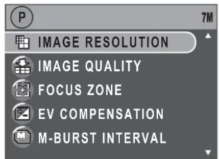 P 7M IMAGE RESOLUTION IMAGE QUALITY FOCUS ZONE EV COMPENSATION M-BURST INTERVAL