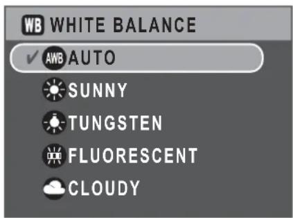 WB WHITE BALANCE ✓ AWB AUTO SUNNY TUNGSTEN FLUORESCENT CLOUDY