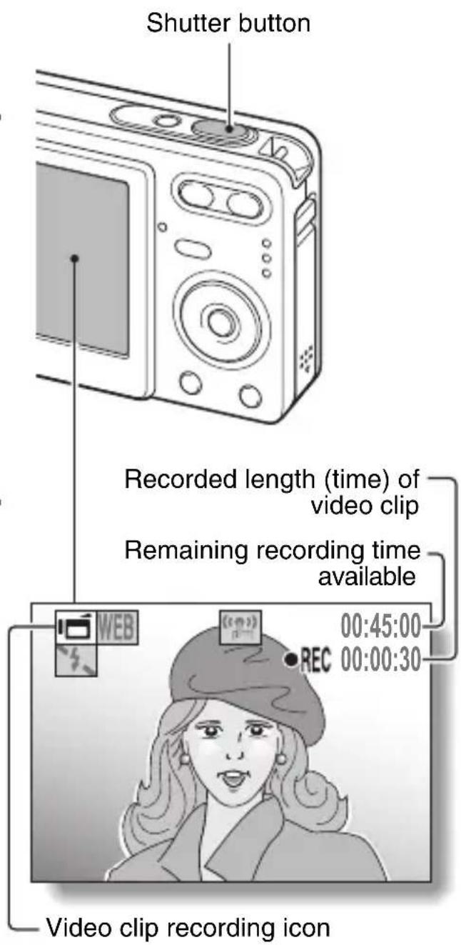 Shutter button Recorded length (time) of video clip Remaining recording time available WEB 00:45:00 REC 00:00:30 Video clip recording icon