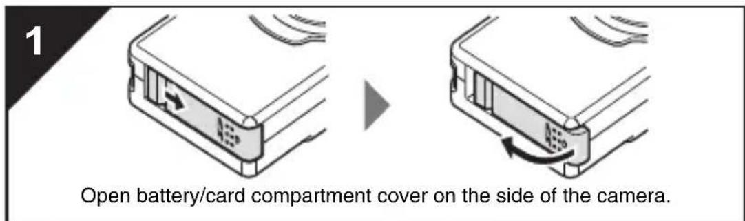 1 Open battery/card compartment cover on the side of the camera.
