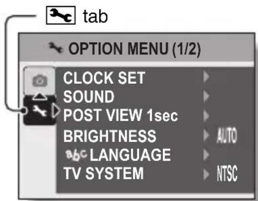 tab OPTION MENU (1/2) CLOCK SET SOUND POST VIEW 1sec BRIGHTNESS abc LANGUAGE TV SYSTEM AUTO NTSC