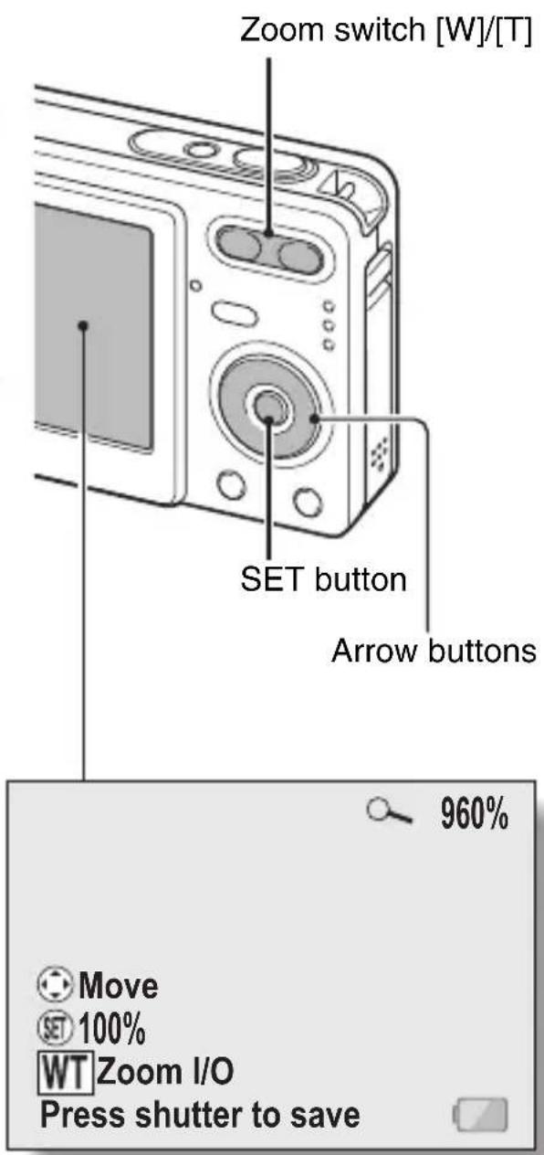 Zoom switch [W]/[T] SET button Arrow buttons 960% Move 100% WT Zoom I/O Press shutter to save