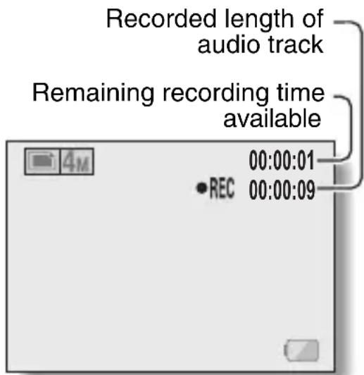 Recorded length of audio track Remaining recording time available 00:00:01 •REC 00:00:09