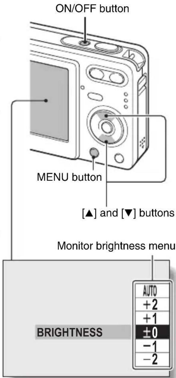 ON/OFF button MENU button [▲] and [▼] buttons Monitor brightness menu BRIGHTNESS AUTO +2 +1 ±0 -1 -2