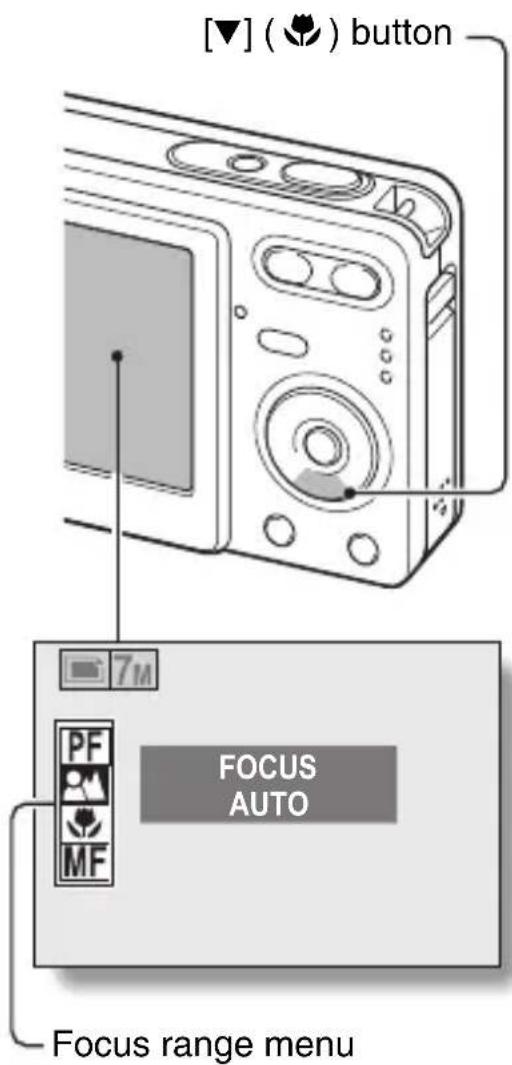 [▼] ( 🔊 ) button 7m PF MF FOCUS AUTO Focus range menu