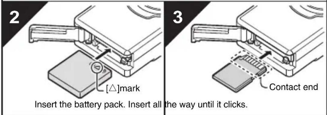 2 [△]mark Insert the battery pack. Insert all the way until it clicks. 3 Contact end