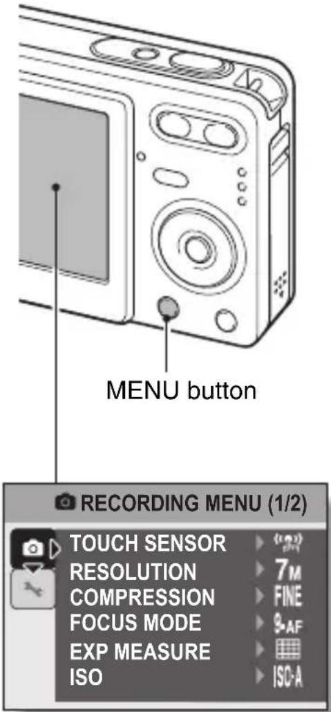 MENU button RECORDING MENU (1/2) TOUCH SENSOR RESOLUTION COMPRESSION FOCUS MODE EXP MEASURE ISO (1/2) 7M FINE 3-AF ISO-A
