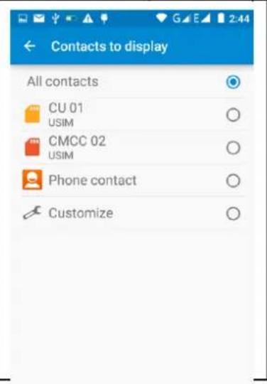 Contacts to display All contacts CU 01 USIM CMCC 02 USIM Phone contact Customize