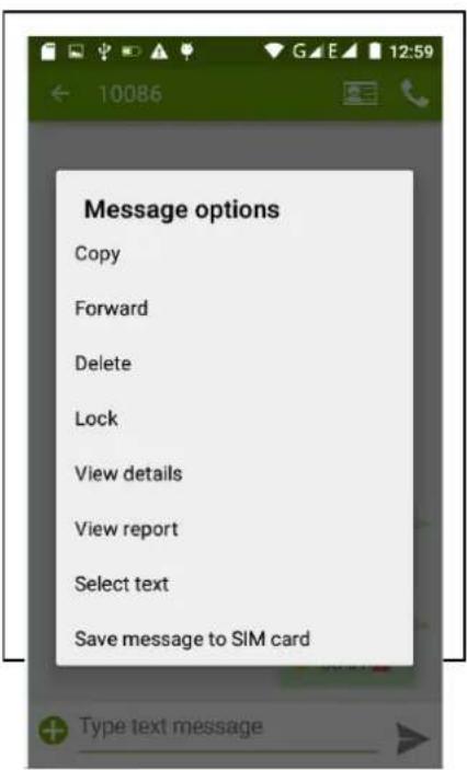 Message options Copy Forward Delete Lock View details View report Select text Save message to SIM card