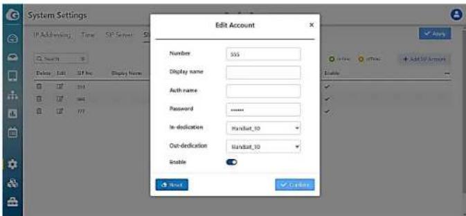 System Settings IP ALO Setting Time SP Select Number 555 Display name Auth name Password In-dedication Handset_10 Out-dedication Handset_10 Enable Next Cancel