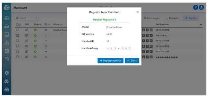 Register New Handset Handset Registered 1 Model Cashon Room PW version s1.00 Handset ID 15 Handset Group 1 2 3 4 5 6 7 + Register Anchor ✓ Clear