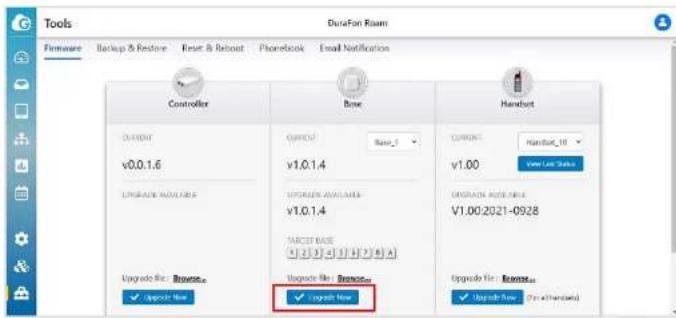 Tools DuraFon Room Runtime Backup & Restore Reset & Reboot Phonebook Email Notification Controller Date Handout CURRENT HANDLE_10 v0.0.1.6 v1.0.1.4 UPGRADE AVAILABLE v1.0.1.4 TARGET BASE V1.00:2021-0928 Upgrade File: Browse Upgrade Now Upgrade File: Browse Upgrade Flow (For Handback)