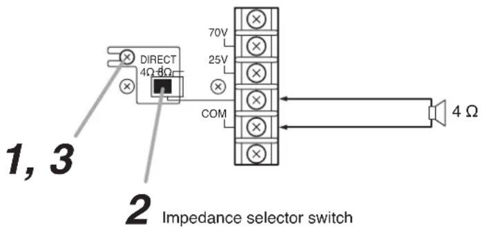 1, 3 DIRECT 4Ω 4Ω 70V 25V COM 2 Impedance selector switch 4 Ω