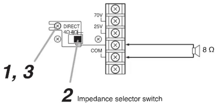 1, 3 DIRECT 4Ω-8Ω 70V 25V COM 2 Impedance selector switch 8 Ω