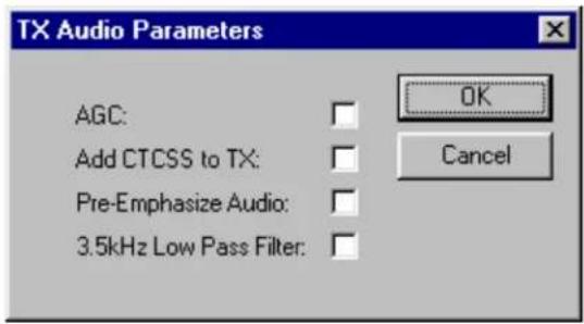 TX Audio Parameters AGC: OK Add CTCSS to TX: Cancel Pre-Emphasize Audio: □ 3.5kHz Low Pass Filter: □