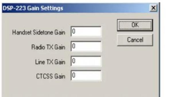 DSP-223 Gain Settings Handset Sidetone Gain 0 Radio TX Gain 0 Line TX Gain 0 CTCSS Gain 0 OK Cancel