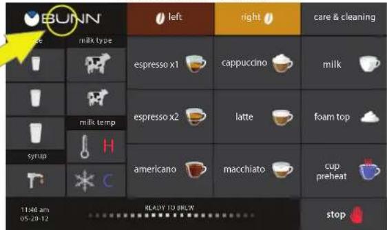 BUNN left right care & cleaning Milk type espresso x1 cappuccino milk milk temp espresso x2 latte foam top syrup americano macchiato cup preheat C 11:46 am 05-20-12 READY TO BRLW stop