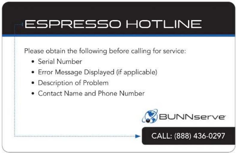 ESPRESSO HOTLINE Please obtain the following before calling for service: • Serial Number • Error Message Displayed (if applicable) • Description of Problem • Contact Name and Phone Number BUNNserve® CALL: (888) 436-0297