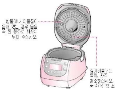 비물이나 이물줄어 문어 있는 경우 물을 pick 째 형주로 재 Crystal이 뒤아 주십시오. 중기데출구는 특히, 자주 청소하십시오. 47쪽 청 조