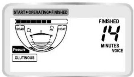 START▶OPERATING▶FINISHED SOAR Q Q HEAT Pressure GLUTINOUS FINISHED 14 MINUTES VOICE