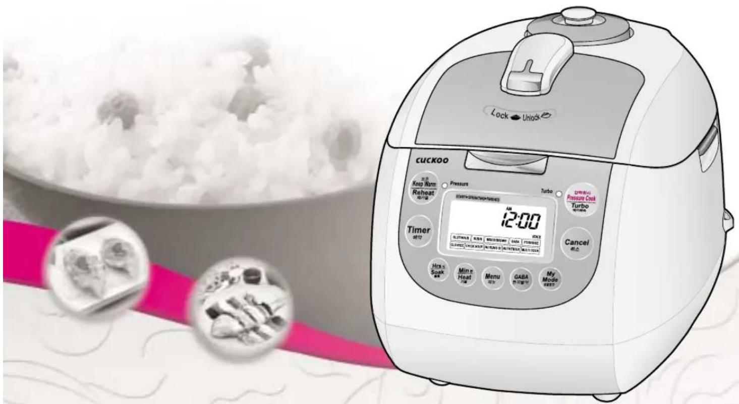 Illustration of a Cuckoo rice cooker with digital display showing time, temperature, and menu options.