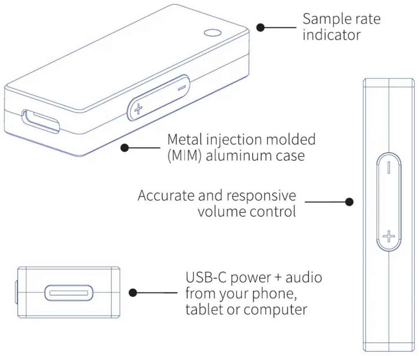 Sample rate indicator Metal injection molded (MIM) aluminum case Accurate and responsive volume control USB-C power + audio from your phone, tablet or computer