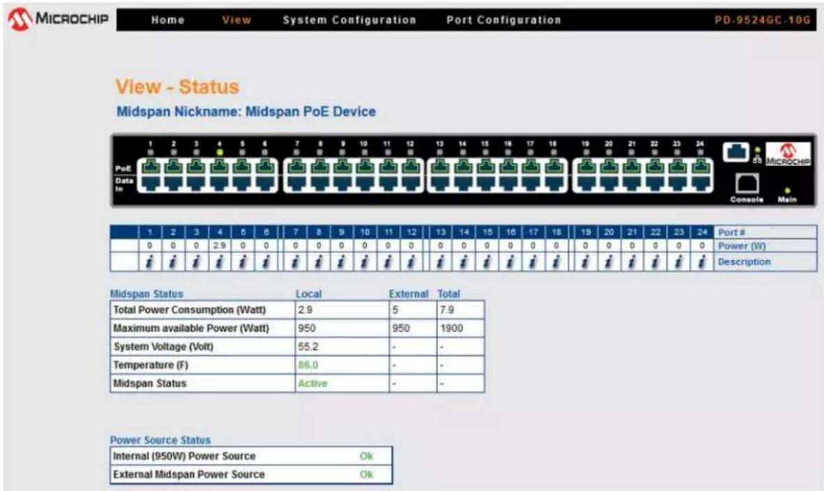 MICROCHIP Home View System Configuration Port Configuration PD-9524GC-10G View - Status Midspan Nickname: Midspan PoE Device PoE Data In 1 2 3 4 5 6 7 8 9 10 11 12 13 14 15 16 17 18 19 20 21 22 23 24 Midspan Status Local External Total Total Power Consumption (Watt) 2.9 5 7.9 Maximum available Power (Watt) 950 950 1900 System Voltage (Volt) 55.2 - - Temperature (F) 86.0 - - Midspan Status Active - - Power Source Status Internal (950W) Power Source Ok External Midspan Power Source Ok