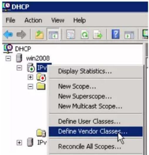 DHCP File Action View Help DHCP win2008 IPv Display Statistics... New Scope... New Superscope... New Multicast Scope... Define User Classes... Define Vendor Classes... Reconcile All Scopes...