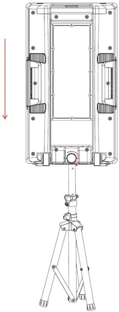 Technical line drawing of a mechanical device with a tripod-mounted base and mounting bracket (no text or symbols)