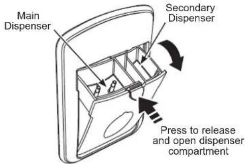 Main Dispenser Secondary Dispenser Press to release and open dispenser compartment