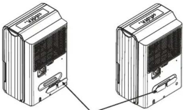 Technical line drawing of two electronic device units connected by a cable (no text or symbols)