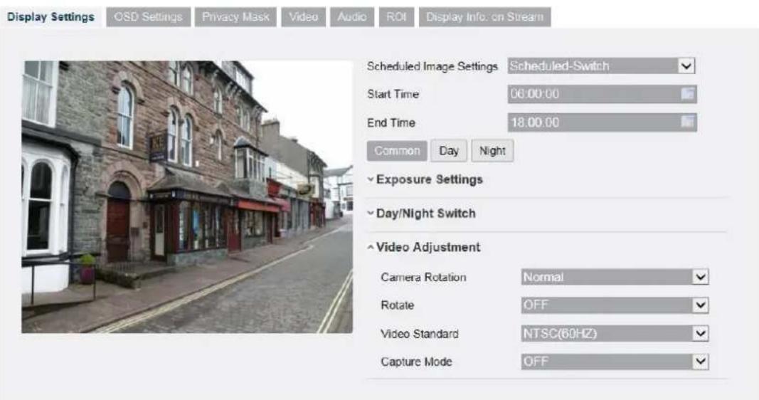 Display Settings QSD Settings Privacy Mask Video Audio ROI Display Info: on Stream Scheduled Image Settings Scheduled-Switch Start Time 06:00:00 End Time 18:00:00 Common Day Night ✓ Exposure Settings ✓ Day/Night Switch ✓ Video Adjustment Camera Rotation Normal Rotate OFF Video Standard NTSC(60HZ) Capture Mode OFF