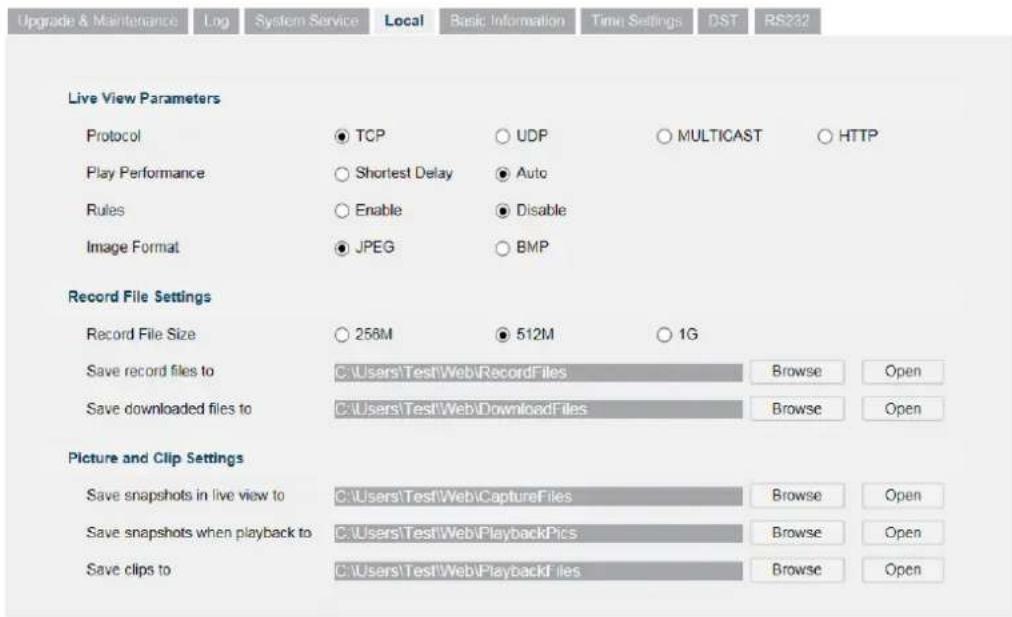 Upgrade & Maintenance Log System Service Local Basic Information Time Settings DST RS232 Live View Parameters Protocol TCP UDP MULTICAST HTTP Play Performance Shortest Delay Auto Rules Enable Disable Image Format JPEG BMP Record File Settings Record File Size 256M 512M 1G Save record files to C:\Users\Test\Web\RecordFiles Browse Open Save downloaded files to C:\Users\Test\Web\DownloadFiles Browse Open Picture and Clip Settings Save snapshots in live view to C:\Users\Test\Web\CaptureFiles Browse Open Save snapshots when playback to C:\Users\Test\Web\PlaybackPics Browse Open Save clips to C:\Users\Test\Web\PlaybackFiles Browse Open