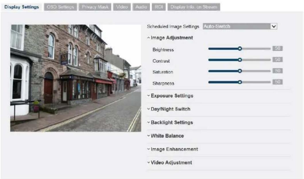 Display Settings OSD Settings Privacy Mask Video Audio ROI Display Info. on Stream Scheduled Image Settings Auto-Switch Image Adjustment Brightness 50 Contrast 50 Saturation 50 Sharpness 50 ✓ Exposure Settings ✓ Day/Night Switch ✓ Backlight Settings ✓ White Balance ✓ Image Enhancement ✓ Video Adjustment