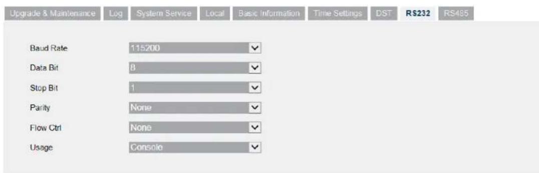 Upgrade & Maintenance Log System Service Local Basic Information Time Settings DST RS232 RS485 Baud Rate 115200 Data Bit 8 Stop Bit 1 Parity None Flow Ctrl None Usage Console