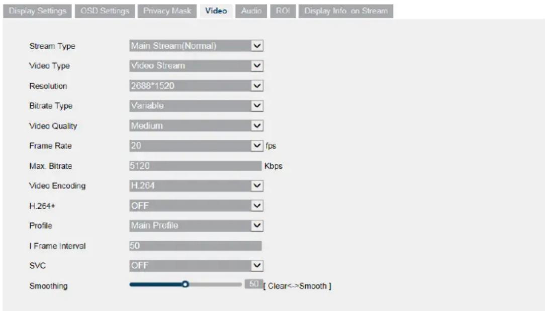 Display Settings OSD Settings Privacy Mask Video Audio ROI Display Info on Stream Stream Type Main Stream(Normal) Video Type Video Stream Resolution 2688*1520 Bitrate Type Variable Video Quality Medium Frame Rate 20 fps Max. Bitrate 5120 Kbps Video Encoding H.264 H.264+ OFF Profile Main Profile I Frame Interval 50 SVC OFF Smoothing 50 [ Clear<->Smooth ]