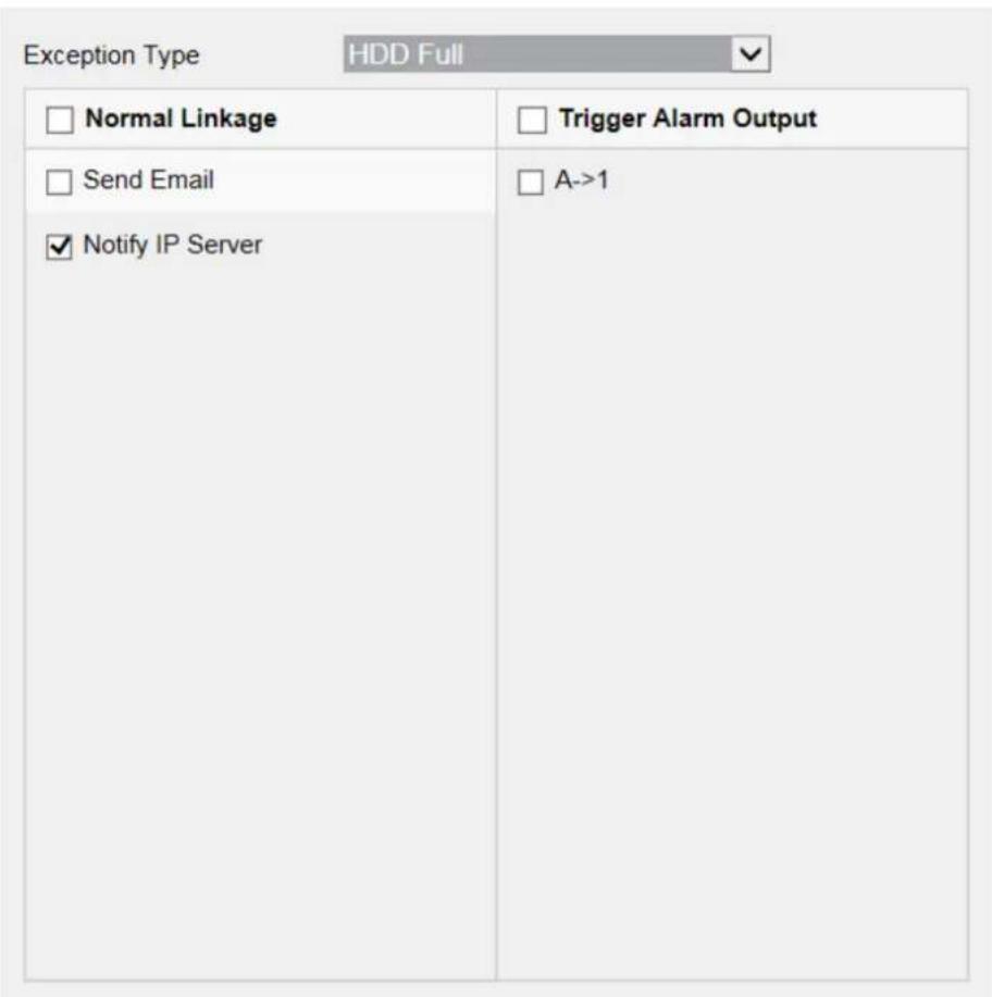 Exception Type HDD Full Normal Linkage Trigger Alarm Output Send Email A->1 Notify IP Server