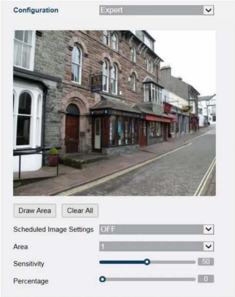 Configuration Expert Draw Area Clear All Scheduled Image Settings OFF Area 1 Sensitivity 50 Percentage 0