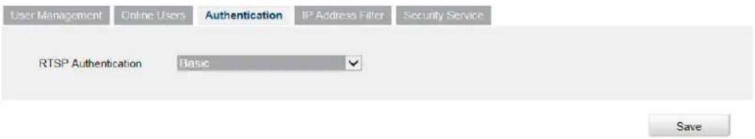 User Management Online Users Authentication IP Address Filter Security Service RTSP Authentication Basic Save