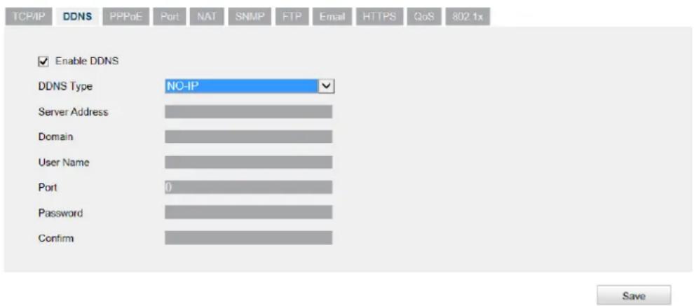 TCP/IP DDNS PPPoE Port NAT SNMP FTP Email HTTPS QoS 802 1x Enable DDNS DDNS Type NO-IP Server Address Domain User Name Port 0 Password Confirm Save