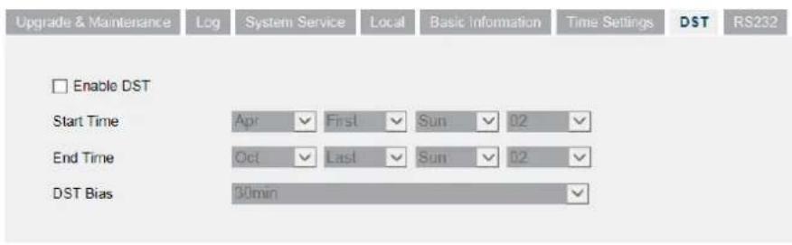 Upgrade & Maintenance Log System Service Local Basic Information Time Settings DST RS232 Enable DST Start Time Apr First Sun 02 End Time Oct Last Sun 02 DST Bias 30min