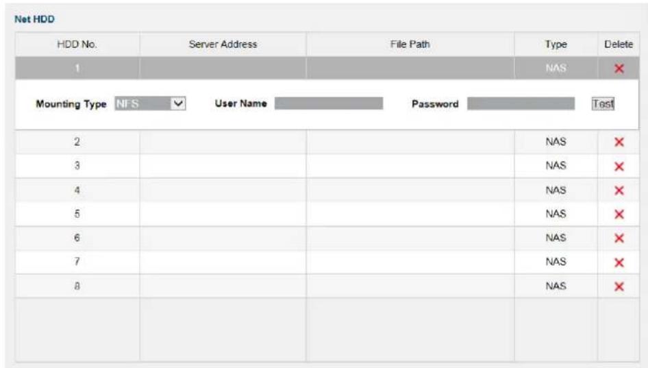 Net HDD HDD No. Server Address File Path Type Delete 1 NAS ✗ Mounting Type NFS User Name Password Test 2 NAS ✗ 3 NAS ✗ 4 NAS ✗ 5 NAS ✗ 6 NAS ✗ 7 NAS ✗ 8 NAS ✗ 9