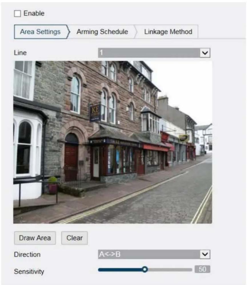 Enable Area Settings > Arming Schedule > Linkage Method Line 1 Draw Area Clear Direction A<->B Sensitivity 50