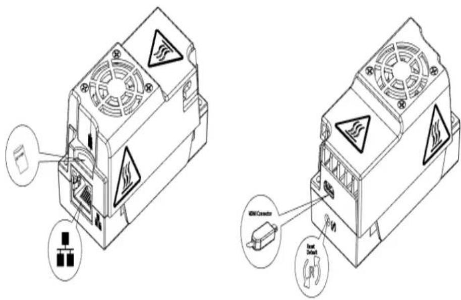 Technical diagram showing two electrical device components with warning symbols and labeled parts including battery, switch, and power connector.